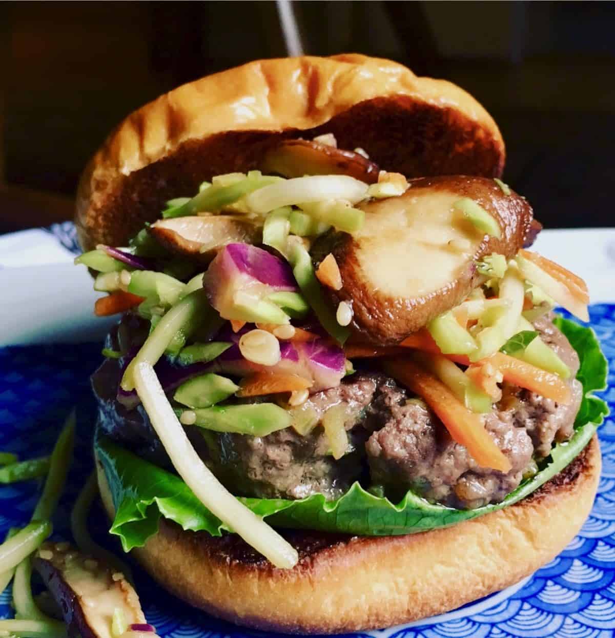 Stir fry shitake burger with slaw.