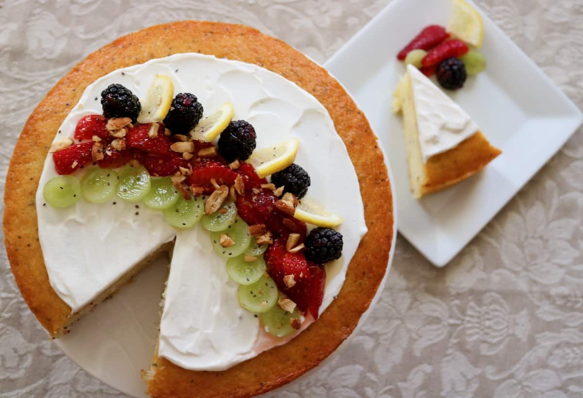 Overhead shot of cake with slice removed.