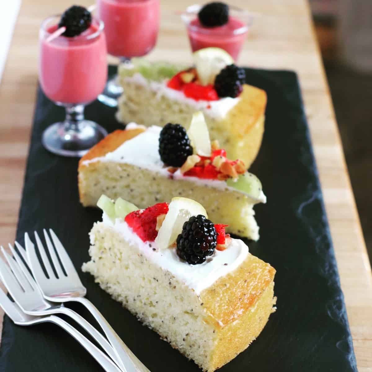 Plated desserts and smoothies.