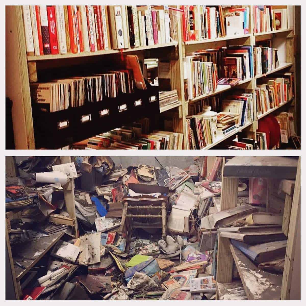 Cookbooks before and after flood.