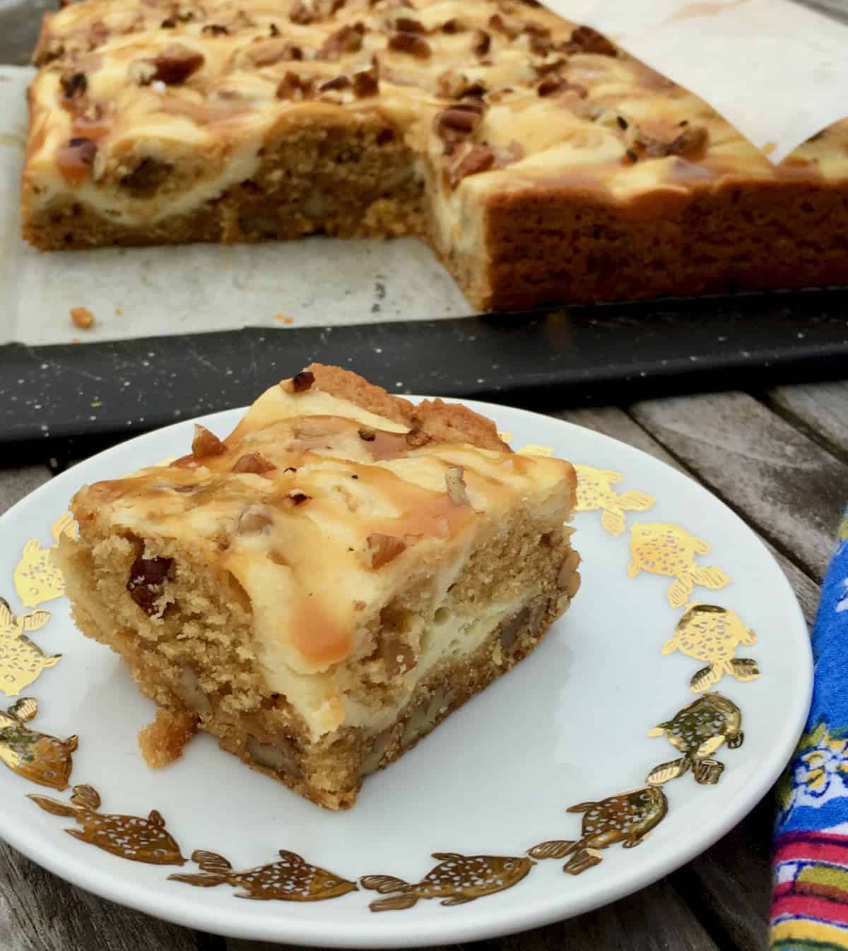 Salted caramel cheesecake square.