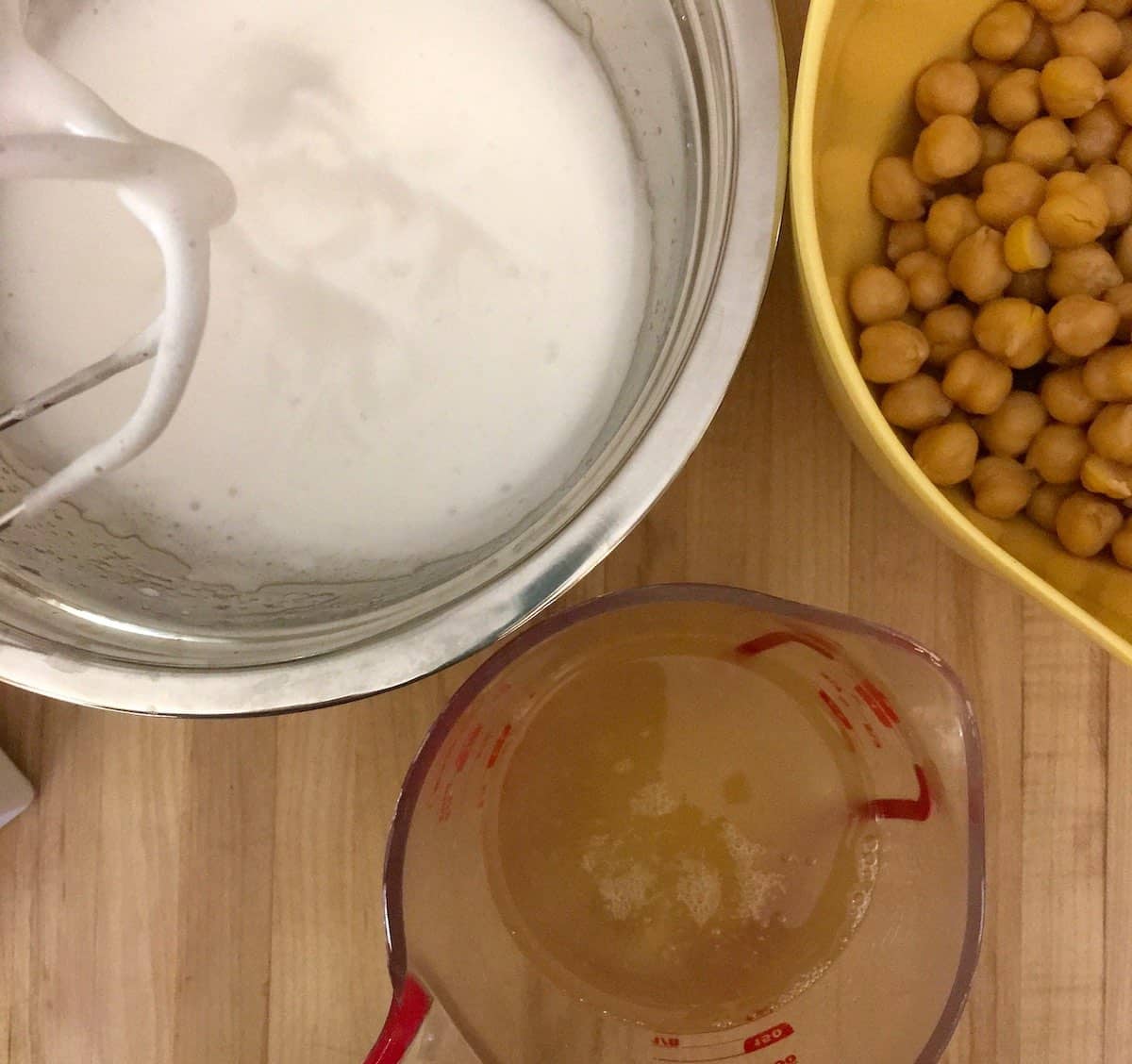 Chick peas and whipped aquafaba.