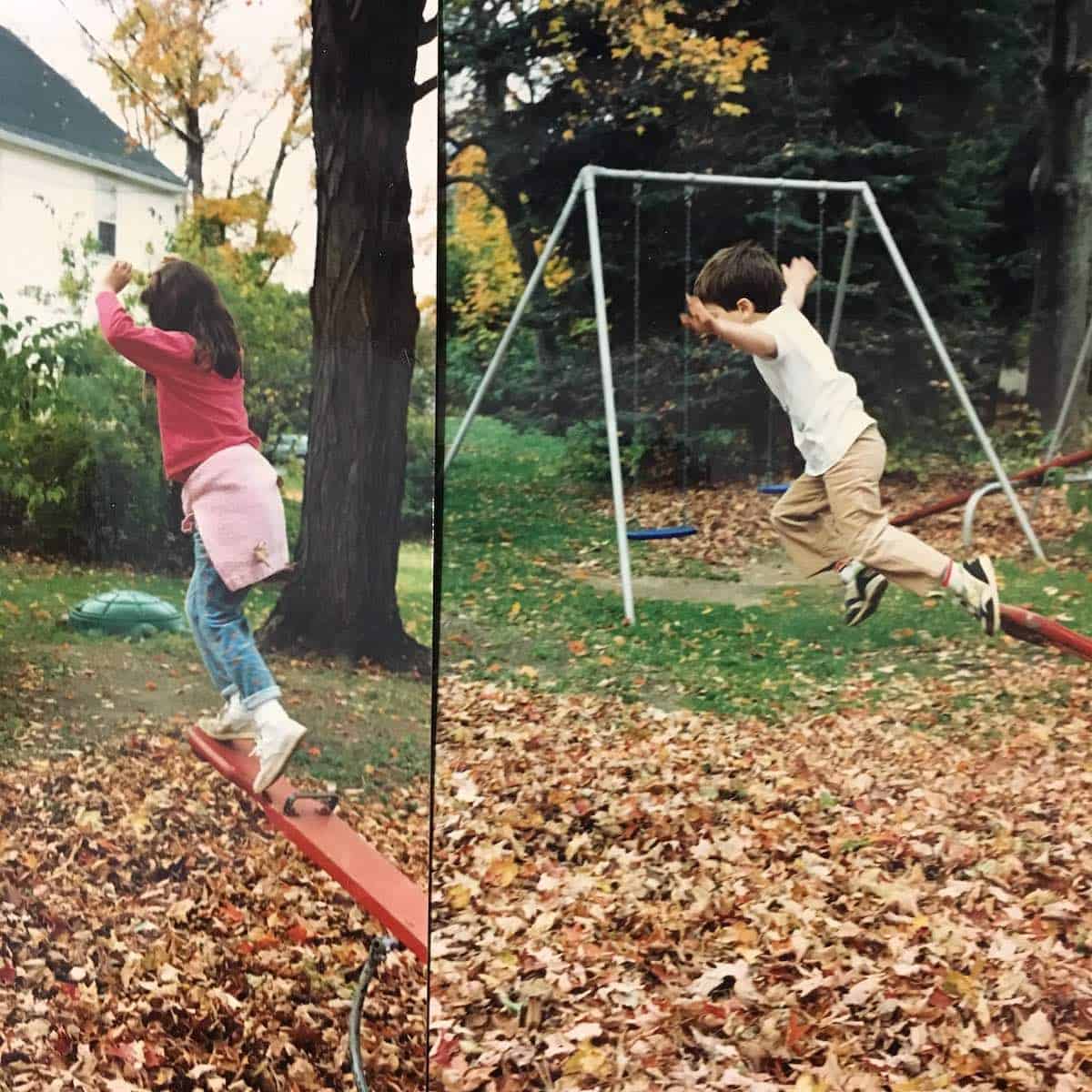 Kids playing in leaves.