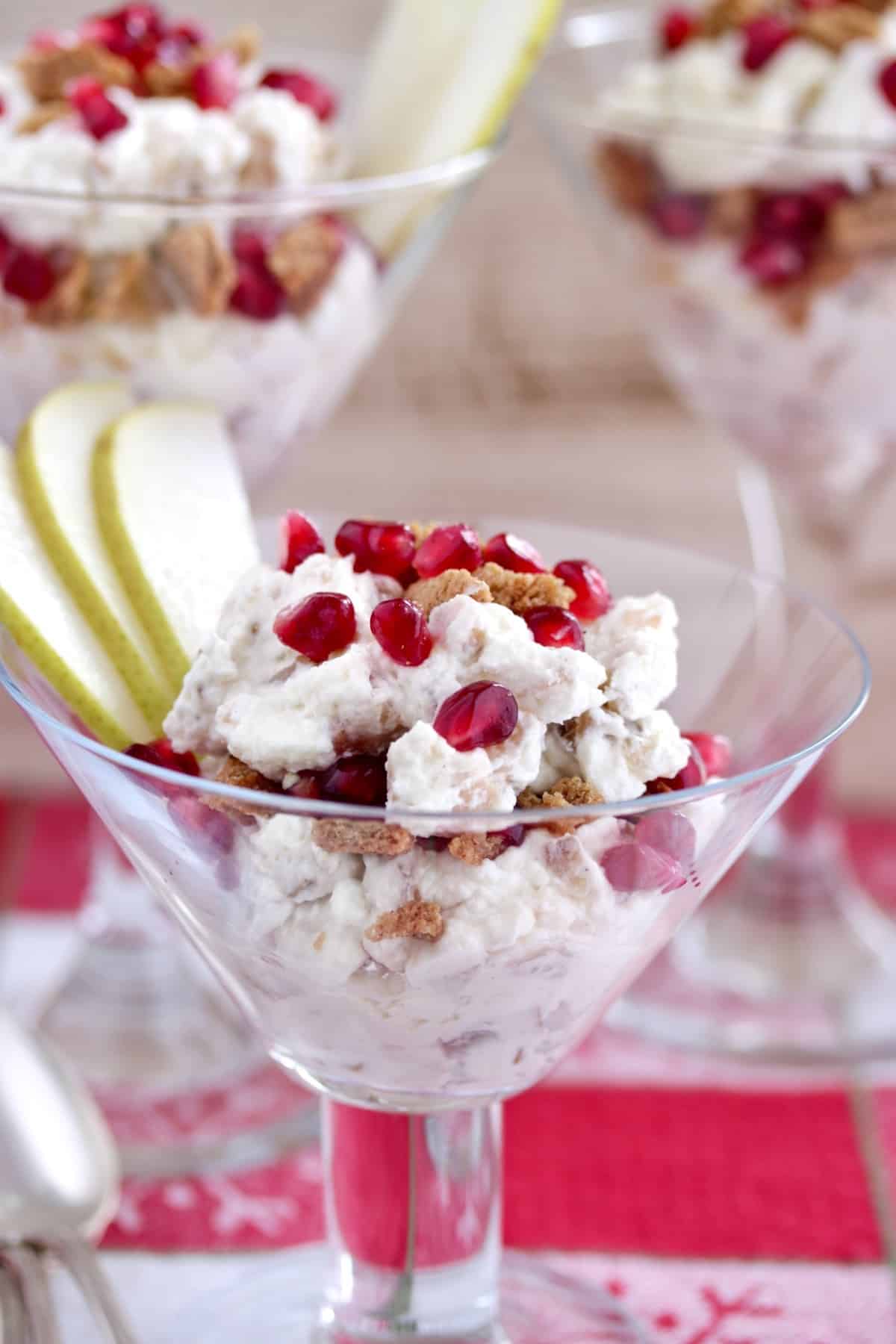 Roasted pear fool crunch served in martini glass.