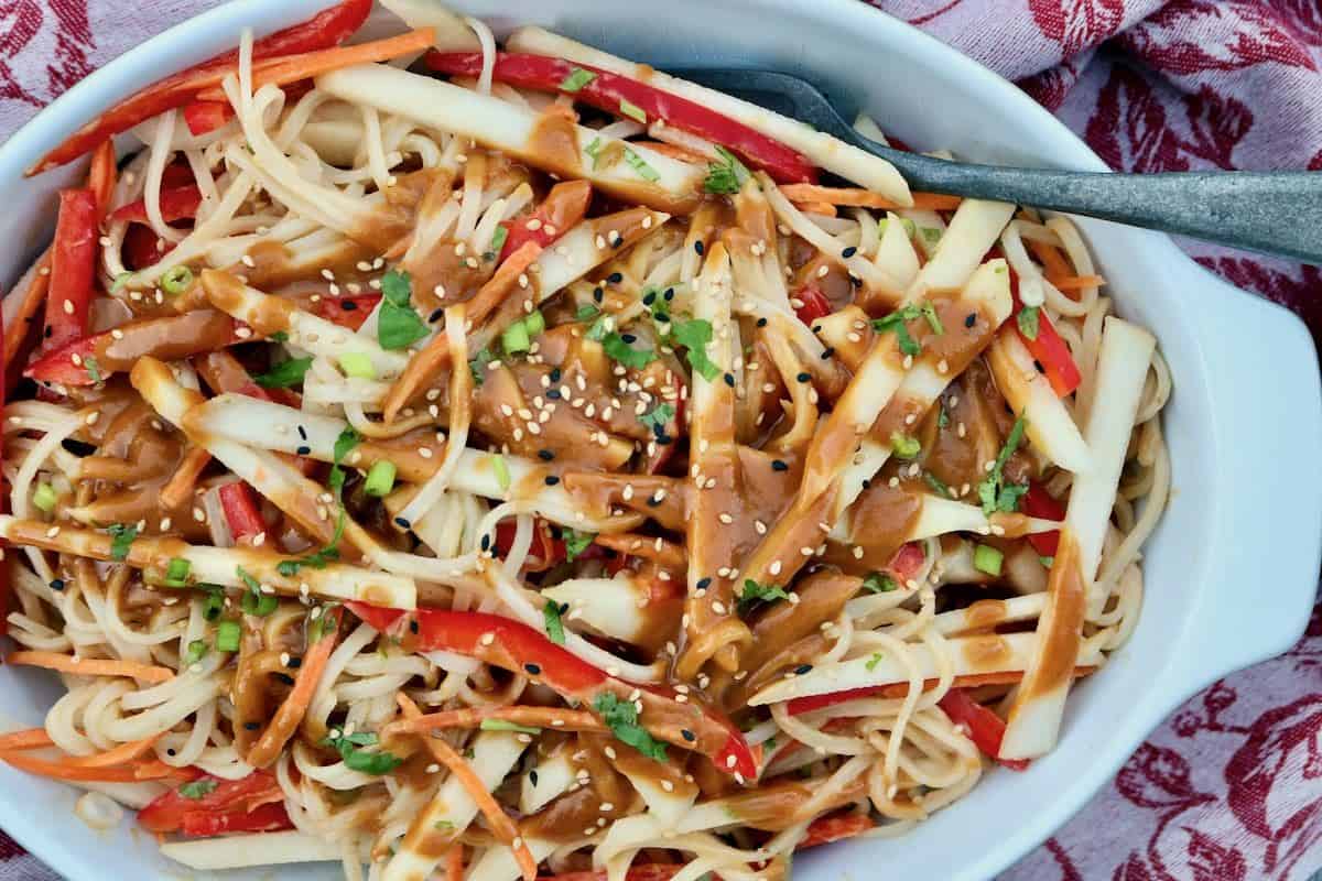 Serving dish with pear pad Thai salad.