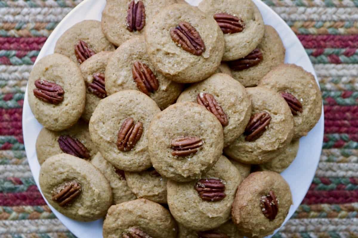 Plate of baked pecan cookies.