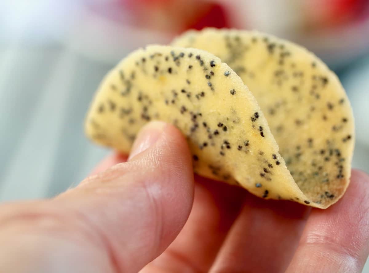 Best poppy seed cookie bent into taco shell shape.