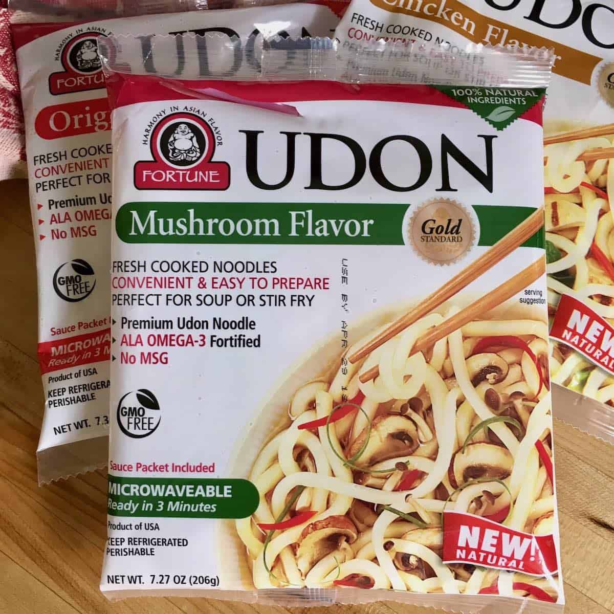 Product shot of mushroom udon noodles.