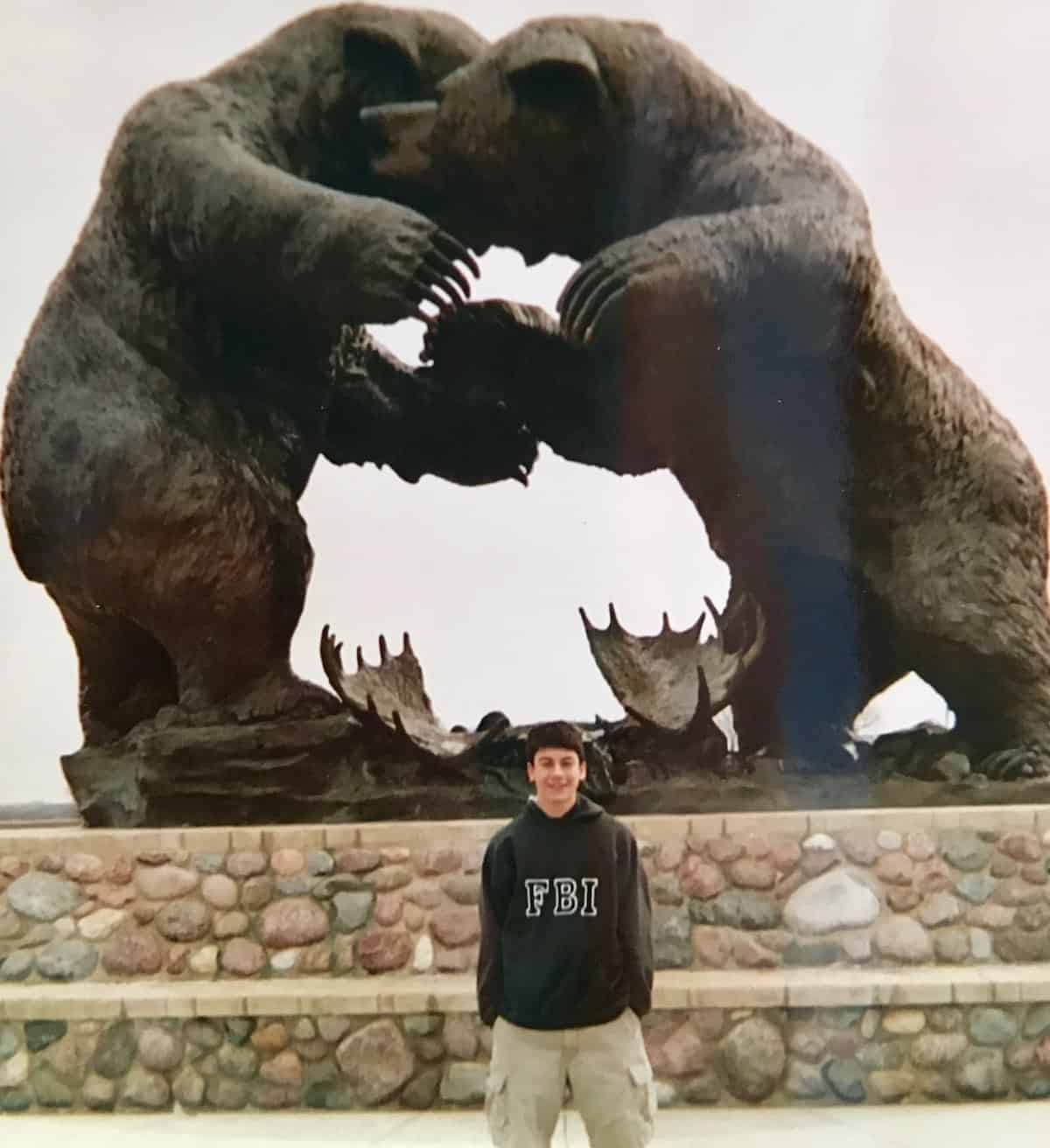 My son at bear sculpture.