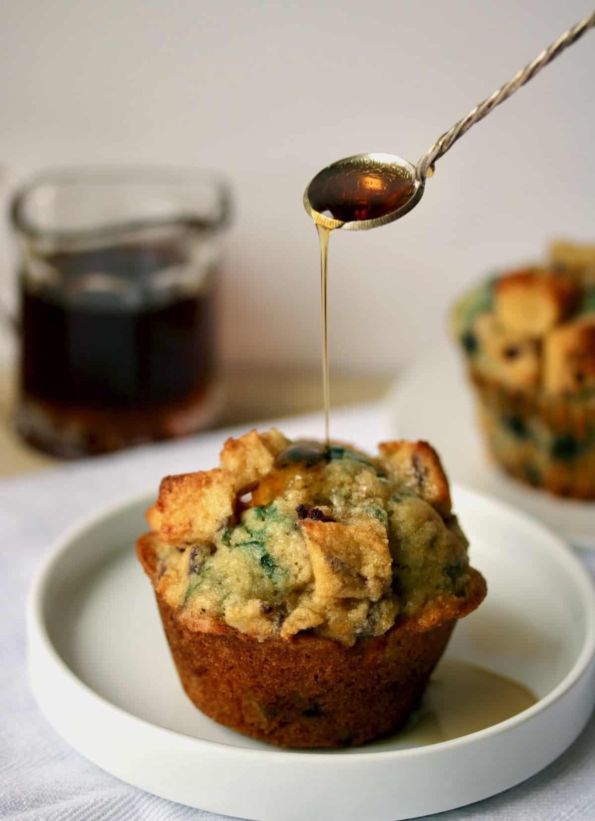 Blueberry French toast muffins with maple syrup.