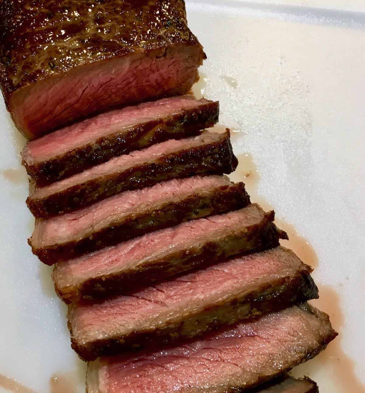 Sliced sous vide steak.
