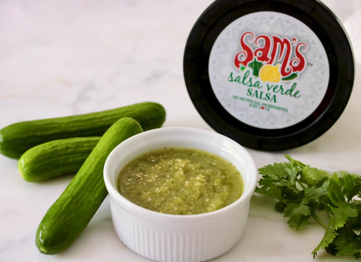 salsa verde salsa, mini cumbers and cilantro