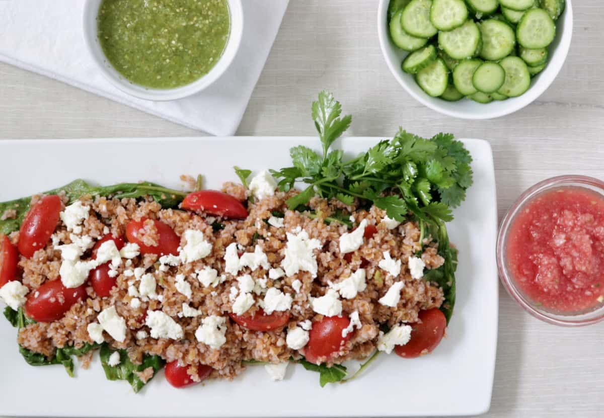 amazing salmon salsa dinner includes this watermelon jicama bulgur salad with a touch of Greek feta